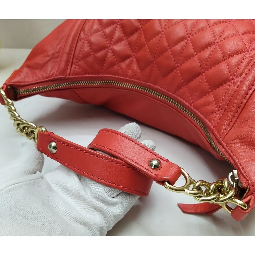 B. Makowsky Red Leather Quilted Chain Strap Zipper Hobo Shoulder Bag
